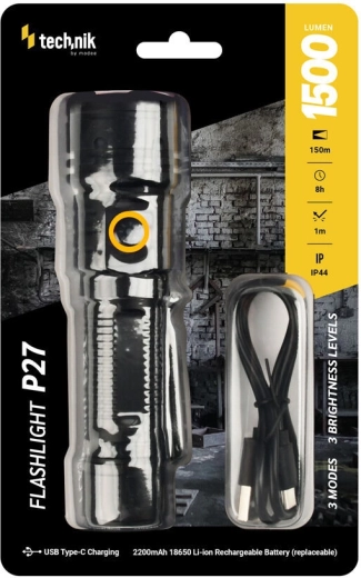 Technik MT-P27 kapesní svítilna 1500 lm s USB‑C a vyměnitelnou baterií 18650