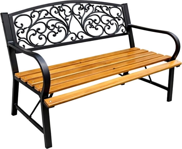 Zahradní lavice kovovo-dřevěná 118 cm s ozdobným opěradlem