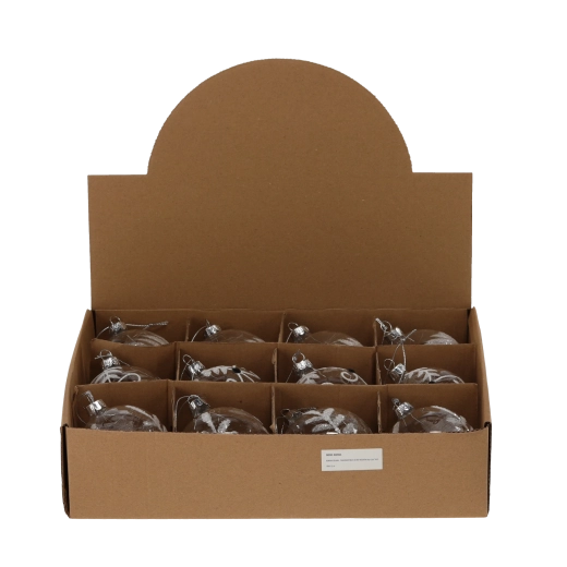 Skleněná vánoční koule 8 cm transparentní, mix vzorů (balení 12 ks)