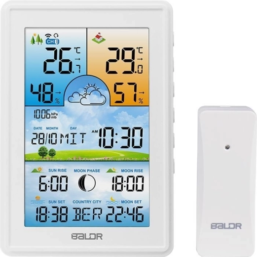 Bezdrátová meteostanice Baldr s venkovním čidlem, budíkem a fází měsíce bílá