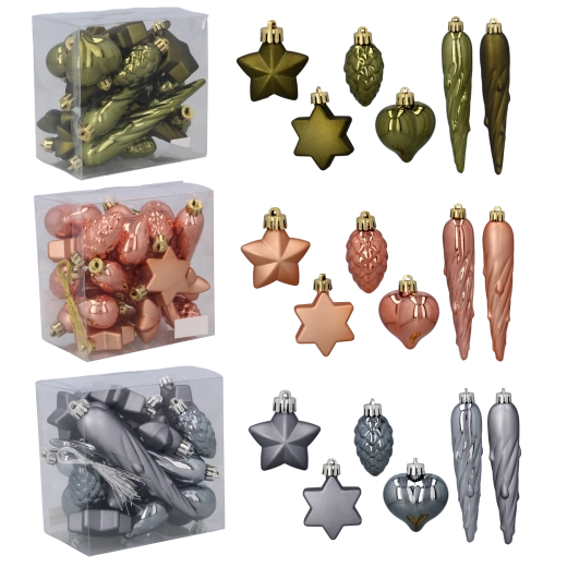 Sada 20 plastových vánočních ozdob – olivová, měděná a grafitová, 4 cm