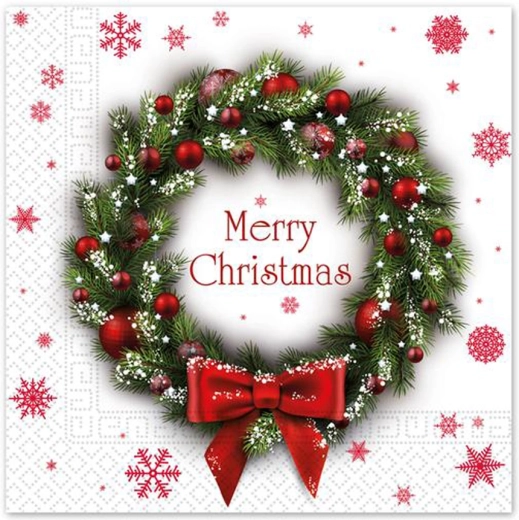 Vánoční papírové ubrousky 33 × 33 cm, 3vrstvé, motiv věnce, 20 ks