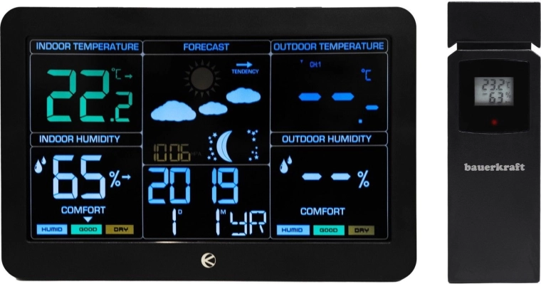 Bezdrátová meteorologická stanice s venkovním čidlem, barometrem a rádiově řízeným hodinami