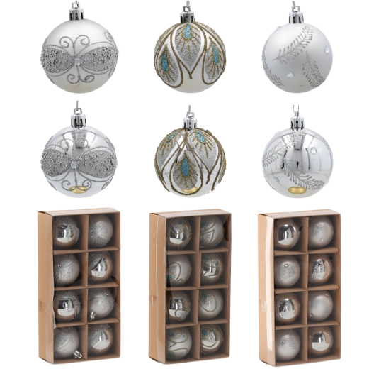 Sada stříbrných vánočních koulí 6 cm – nerozbitné ozdoby na stromeček, 8 ks