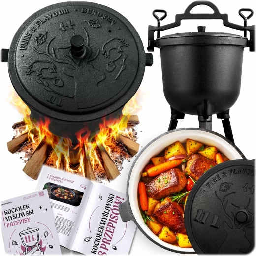 Smaltovaný litinový kotlík na oheň 11 l s víkem a trojnožkou