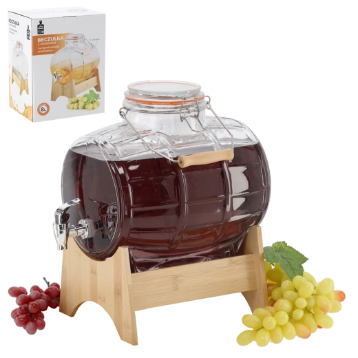 Skleněný sud na nápoje 8 l s bambusovým podstavcem a kohoutkem