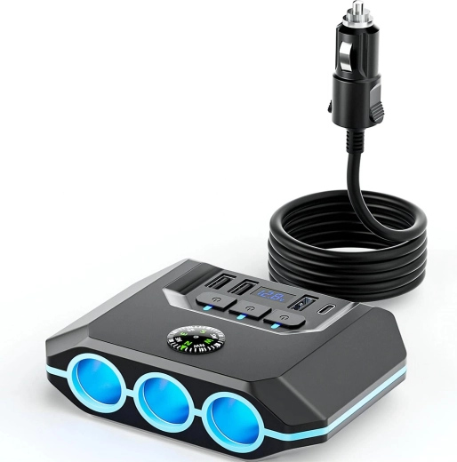 Rozbočovač do autozapalovače RENEW FORCE 120 W s rychlým nabíjením (3× zásuvka, 3× USB QC 3.0, USB-C PD) - 1 kus