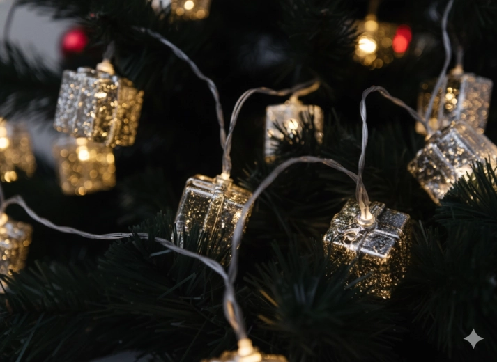 Světelný řetěz LED se stříbrnými dárečky, teplá bílá, 10 LED