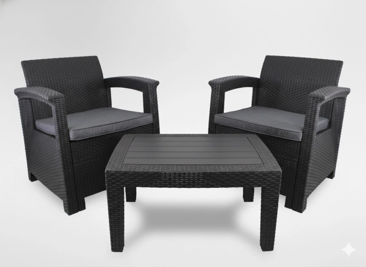 Zahradní set antracit – 2 křesla a konferenční stolek s poduškami
