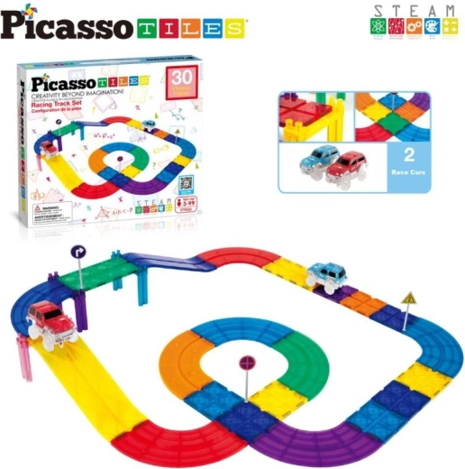 PicassoTiles magnetická stavebnice závodní dráha s autíčky (30 ks)