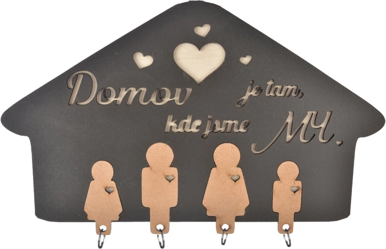Věšák na klíče ze dřeva s nápisem Domov je tam…