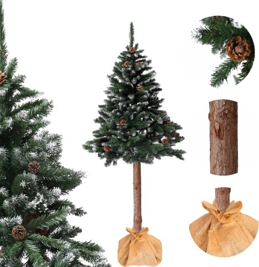 Umělý vánoční stromek na kmínku 150 cm diamantová borovice se šiškami, zasněžený