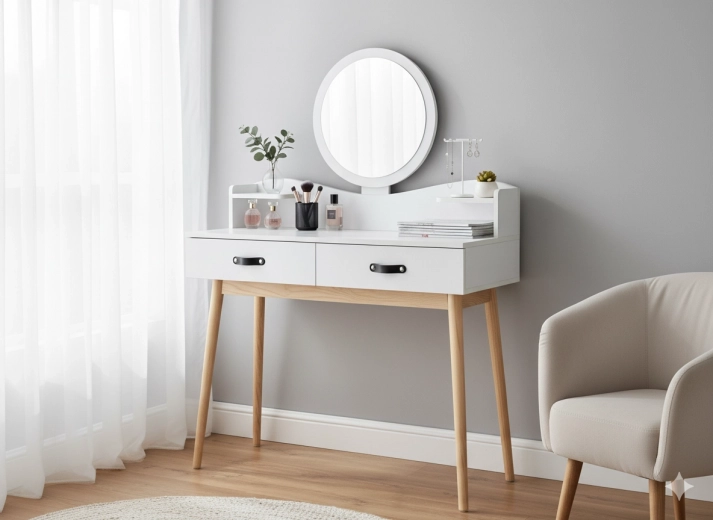 Bílá toaletní konzole s kulatým zrcadlem, 100 × 40 × 139 cm