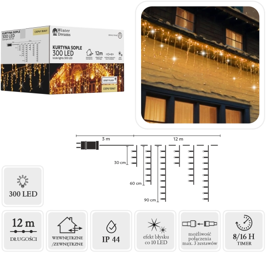 LED světelný řetěz rampouchy 300 LED teplá bílá se studeným flash efektem, 12 m
