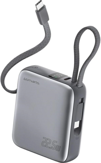 Powerbanka 4smarts Pocket Dual Cord 10000 mAh 22,5 W se zabudovaným kabelem USB‑C, šedá