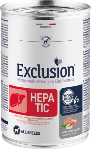 Exclusion Hepatic konzerva pro psy vepřové s rýží a hrachem 400 g