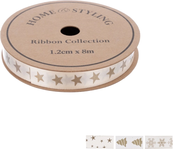 Home Styling vánoční dekorativní stuha béžová se zlatým potiskem 1,2 cm x 8 m