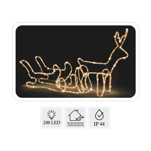 Vánoční LED sob se saněmi 120 × 27 × 66 cm, teplá bílá + studený flash, pro interiér i exteriér