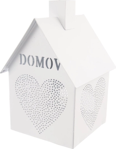 Bílý kovový svícen domeček se srdcem „Domov“ 17 cm