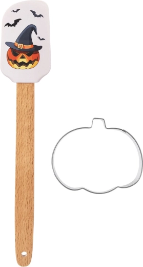 Halloween silikonová kuchyňská stěrka s dřevěnou rukojetí a vykrajovátkem dýně