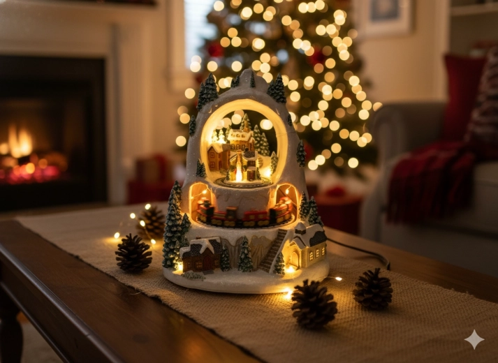 Vánoční LED zimní vesnička s vláčkem, hrací skříňka 23 × 23 × 25,5 cm