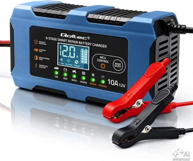 Nabíječka akumulátorů Qoltec 12 V / 10 A s funkcí opravy pro AGM, GEL a LiFePO4