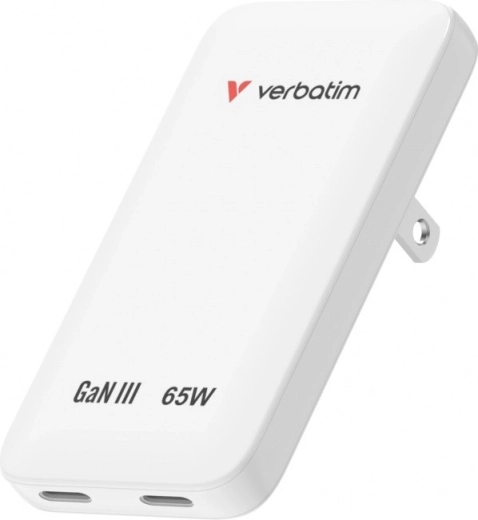 Verbatim Essentials slim GaN nabíječka 65 W, 2× USB-C, bílá (US/UK/EU)