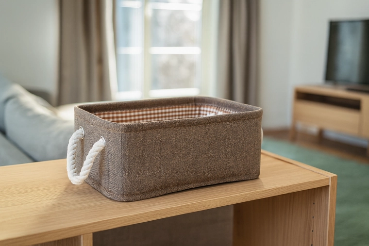 Textilní úložný koš s lanovými uchy 26 × 36 × 16 cm hnědý