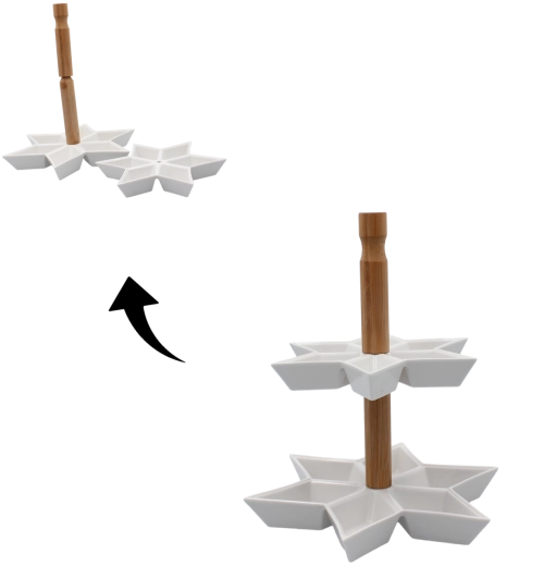 Dvoupodlažní etažér ve tvaru hvězdy z keramiky s bambusovou rukojetí