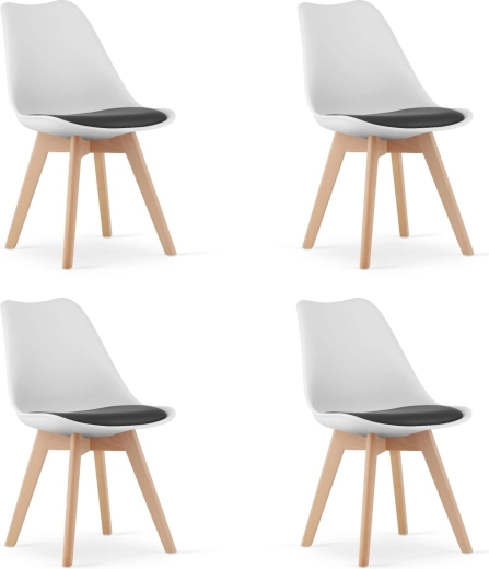 Sada čtyř černobílých židlí s dřevěnými nohami