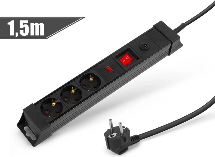 Černý prodlužovací kabel s přepěťovou ochranou a 6 zásuvkami