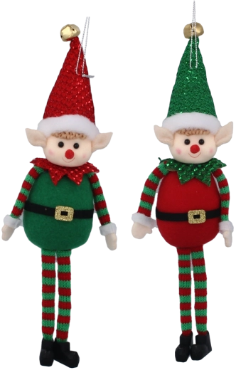 Vánoční visící elf z filcu s třpytkami 10 × 28 cm, červeno‑zelený, sada 6 ks