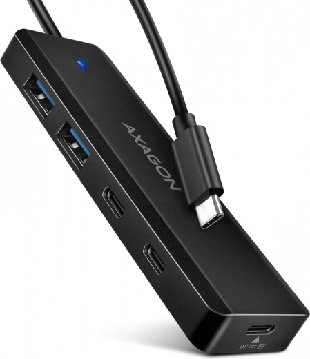 Cestovní USB‑C hub AXAGON 4portový 5Gbps (2× USB‑A, 2× USB‑C) s napájením USB‑C a kabelem 19 cm