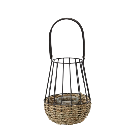 Kovový lucerna černo‑hnědá se skleněným vložkou 22 × 37 cm