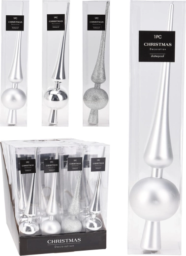 Vánoční špička na stromek 29 cm – stříbrná, mix povrchů