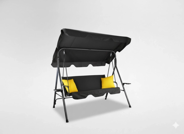 Zahradní houpačka s&nbsp;markýzou, kovová konstrukce, černá se žlutými polštáři, držáky na nápoje