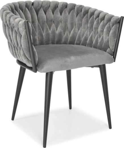 Čalouněná sametová židle do jídelny a obýváku, šedý velur, černé kovové nohy
