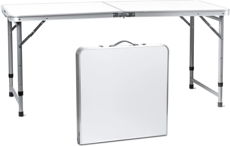 Skládací turistický stůl s madlem a nastavitelnou výškou 120 × 60 cm, bílý