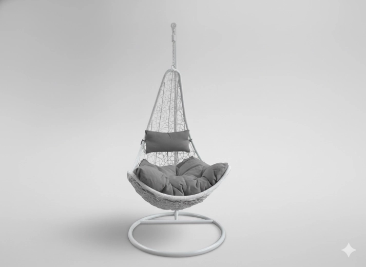 Závěsné křeslo bílé s tmavě šedým polštářem na stojanu