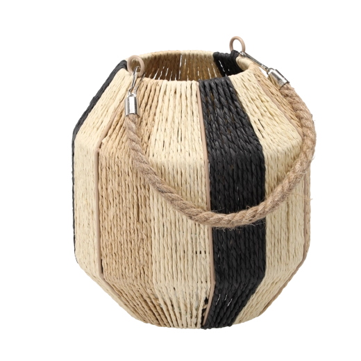 Boho lampion s pruhovaným vzorem a skleněnou vložkou, výška 23–25 cm