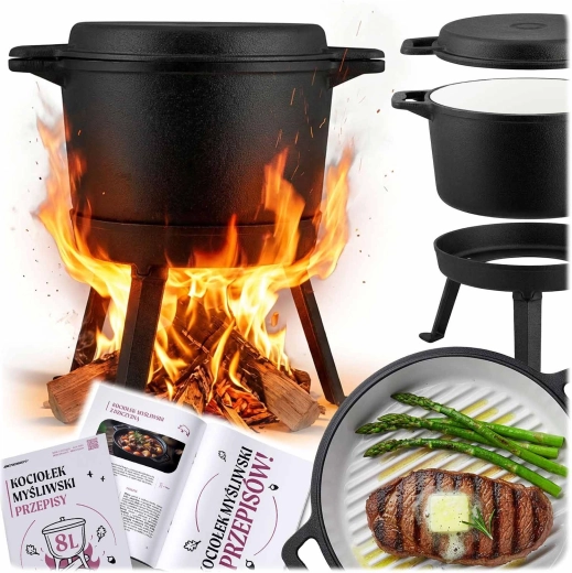 Litinový smaltovaný kotlík 8 l se stojanem a grilovací pánví
