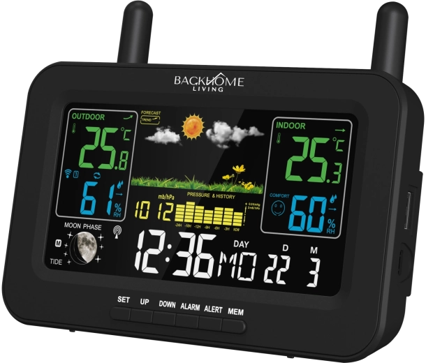 BackHome Living multifunkční meteorologická stanice RCC napájená ze sítě i na baterie černá 16,5 × 4,5 × 13,5 cm