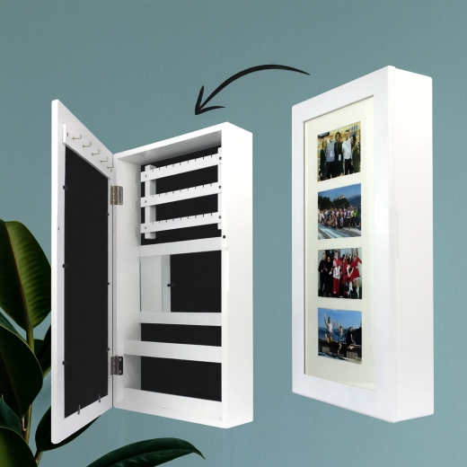 Nástěnná bílá šperkovnice s zrcadlem 31 × 10 × 56 cm