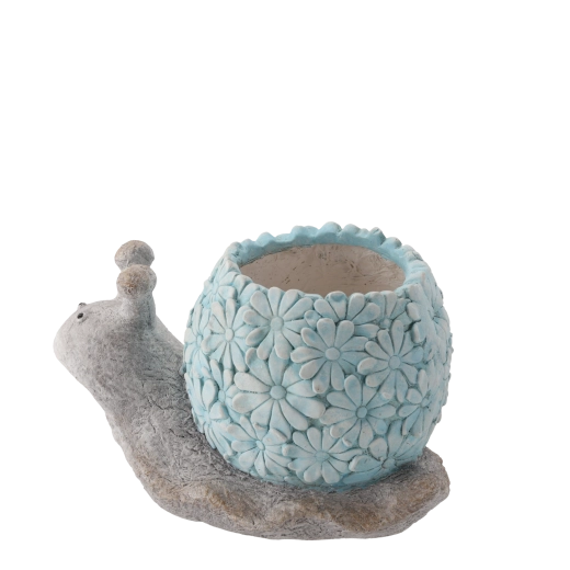 Zahradní květináč ve tvaru šneka modré barvy