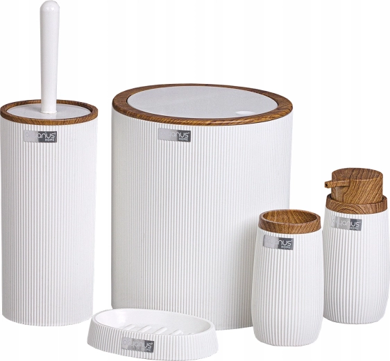 Kulatá koupelnová sada 5 ks bílá s imitací dřeva