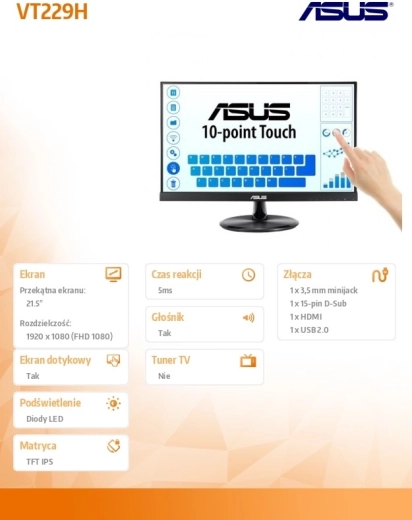 Monitor 21,5 palce FHD IPS Dotykový 10P HDMI D-SUB USB Reproduktor