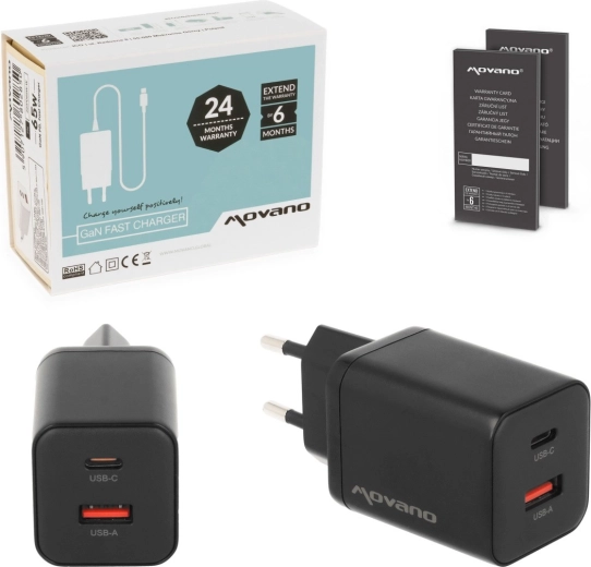 Síťová nabíječka Movano GaN 45 W USB-C PD + USB-A černá