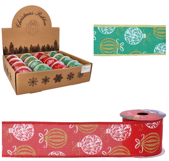 Vánoční dekorační stuha saténová 6,3 cm × 2,7 m s motivem ozdob