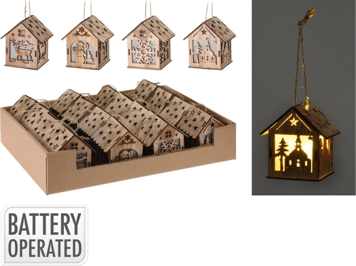Závěsná dřevěná dekorace domek s LED, 9 cm