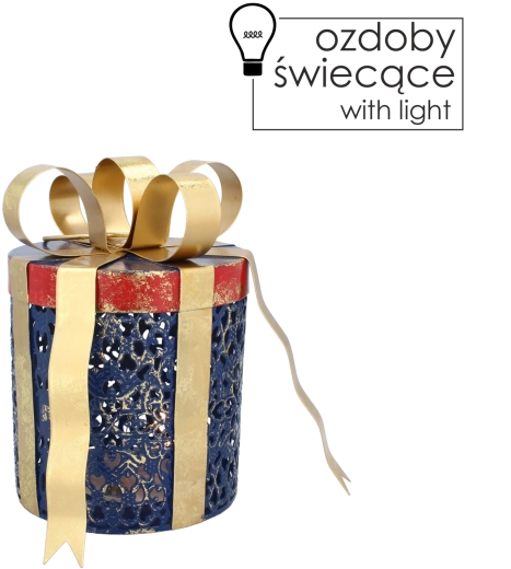 Kovová vánoční dekorace dárek s LED osvětlením, modrá se zlatou mašlí